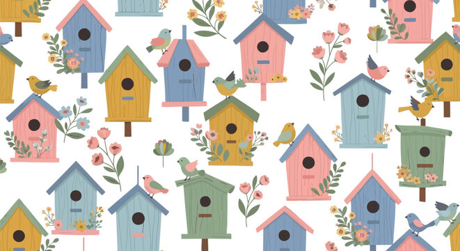 Spring birdhouse seamless pattern vector clipart with pastel flowers and cute birds