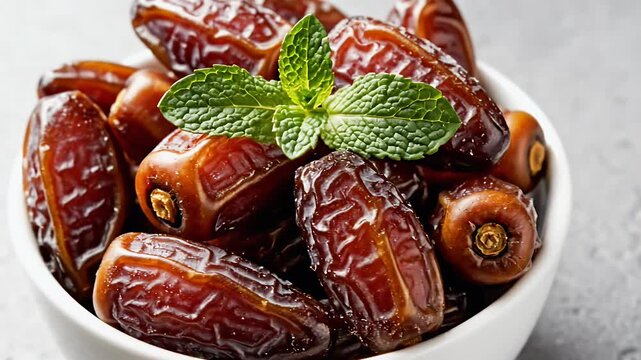 Delicious dates in a white bowl with mint leaves, healthy food concept.