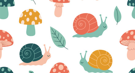 Seamless snail and mushroom vector clipart pattern with leaves, cute cartoon woodland background © azad