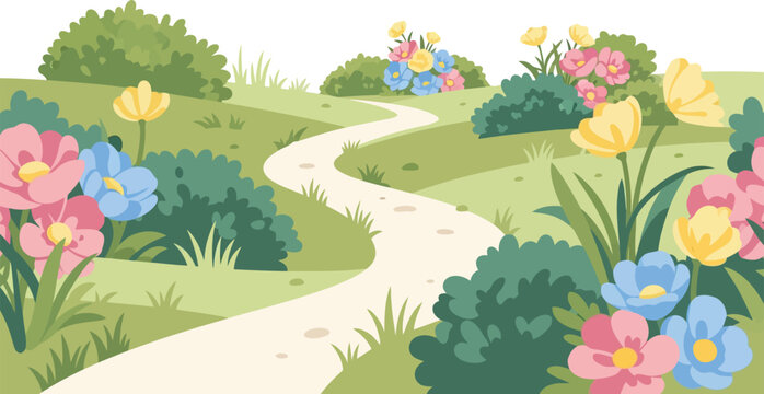 Spring floral landscape vector clipart with colorful flowers, garden path, and green hills illustration