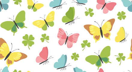 Butterfly and Clover Vector Clipart Seamless Pattern in Pastel Colors for Spring Design