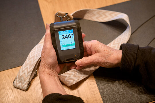 Person holding a glucose monitoring device with a 246 reading on the screen. Germany