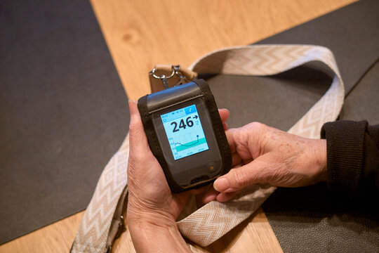 A person holding a digital device showing temperature and graphs on a screen indoors. Germany