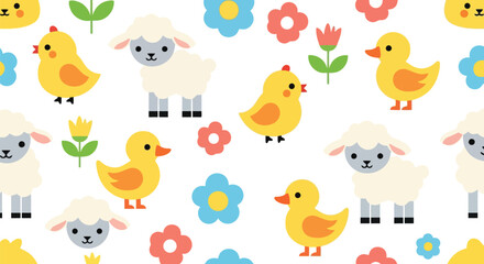 Fototapeta premium Cute spring farm animals vector clipart seamless pattern with chicks, lambs, and flowers