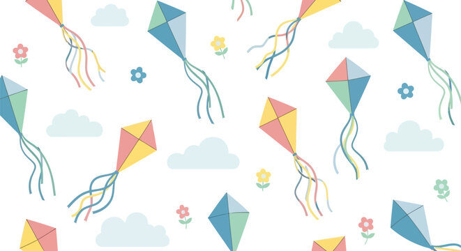 Seamless pastel kite pattern vector clipart with clouds and flowers for kids backgrounds