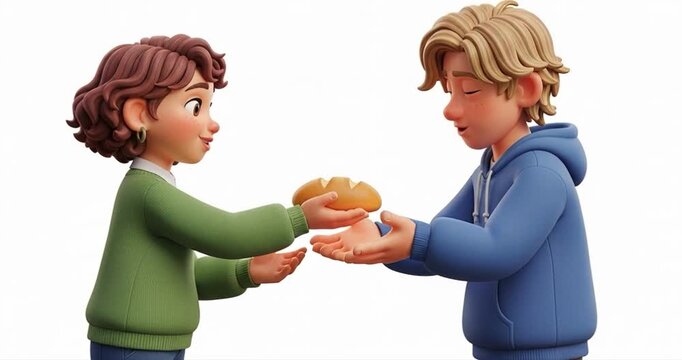 Cartoon characters exchange bread loaf illustration isolated white background