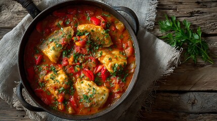 Close-up of Skillet Meal with Fresh Herbs / ハーブを散らしたスキレット料理の接写