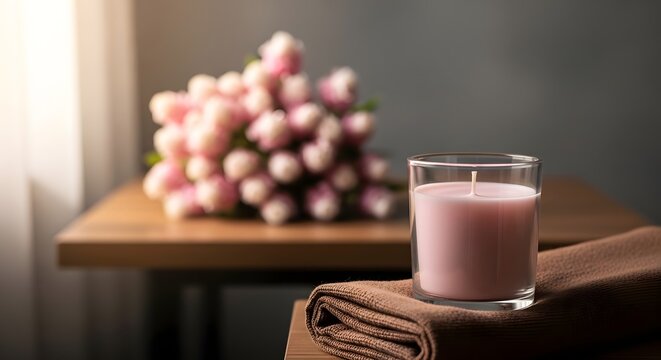 A glass of pink milk on a table with a bouquet of flowers