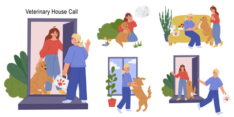 Fototapeta premium Veterinary house call for injured dog at home. In-home pet medical care scenes set with vet and owner. Flat vector illustration for veterinary services, pet clinic websites, apps and posters