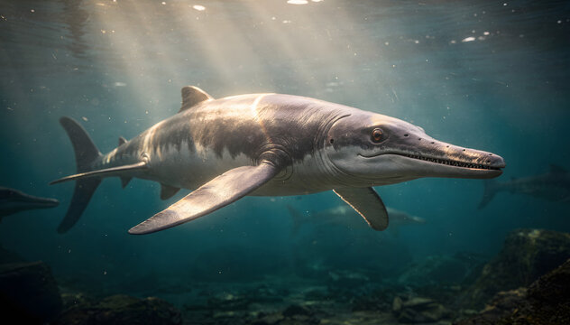 Ichthyosaur Ascends in Azure Depths: A Glimpse into Prehistoric Marine Majesty, Sparkling Sunlight, and the Allure of Underwater Discovery and Paleontological Fascination