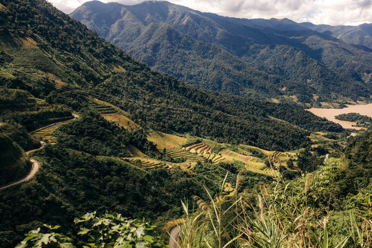Lush green mountains with terraced farming and winding roads under a cloudy sky. Muong Te District, Lai Chau, Vietnam