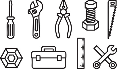 Fototapeta premium Collection of simple line art construction and repair tools on transparent background