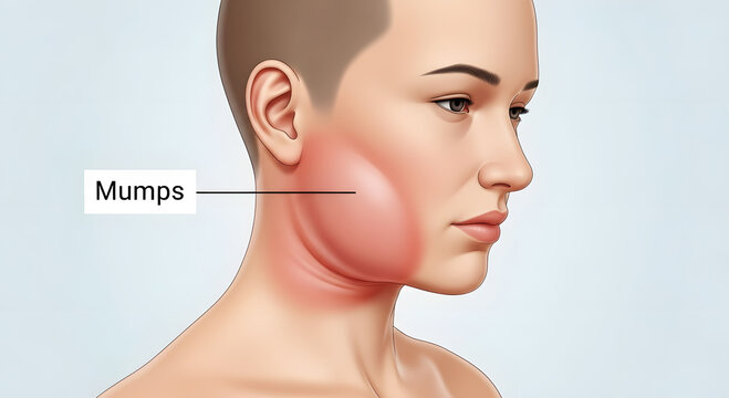 Swollen parotid gland on person's face indicating mumps infection virus swelling image
