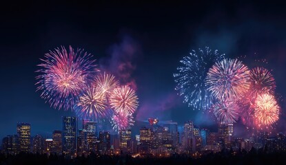 Fireworks explode over a city skyline at night (1)
