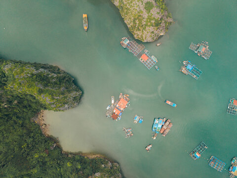 Aerial view of floating fishing village with boats and green water surrounded by lush islands. Lan Ha Bay, Cat Ba, Vietnam