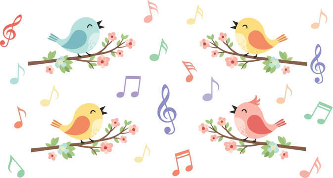 Colorful singing birds on branches with music notes vector clipart for spring designs