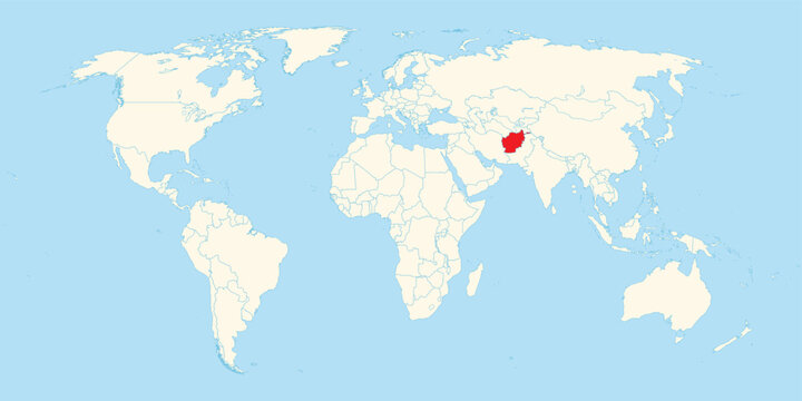 Afghanistan location highlighted in red on a clean world map representing the south asian region