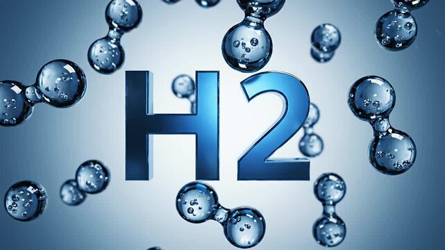 Hydrogen molecule illustration with H2 symbol and molecular structure background.
