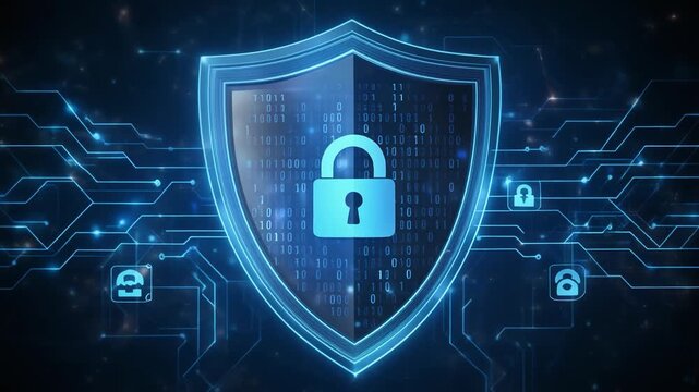 Cyber security shield with padlock and binary code, glowing blue, on circuit board background, seamless loop.