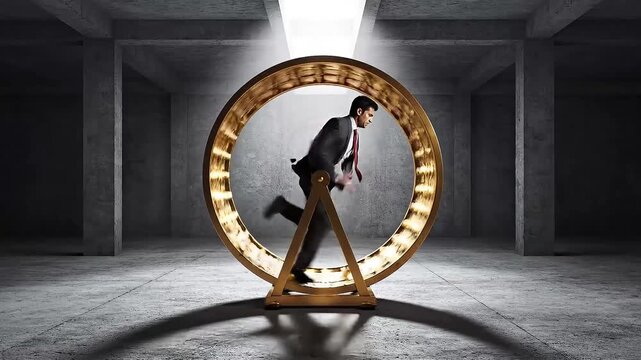 Businessman running in a giant golden hamster wheel metaphor