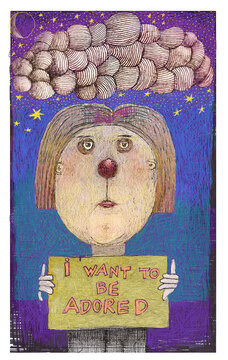 Colorful painting,  illustration of young person holding up a sign saying I want to be adored