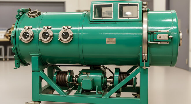 Vintage green iron lung medical device with porthole windows and metal stand image