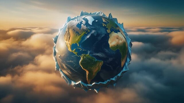 Rotating Earth globe above clouds, cinematic 3D animation, seamless loop.