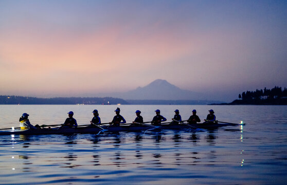 Rowing team paddles on tranquil water at dusk with mountain silhouette in background   WA, USA