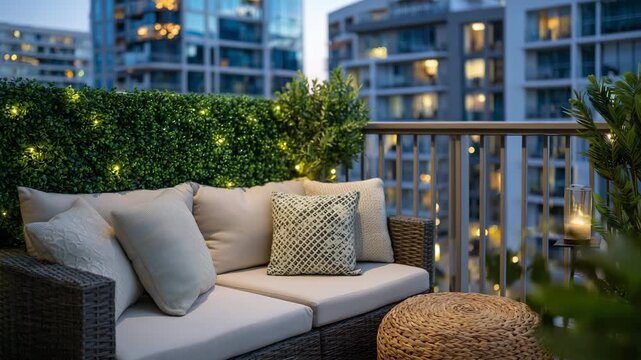 65Close-up of a private fenced-in apartment patio, artificial greenery panels and modern outdoor furniture, soft ambient lighting, cozy urban relaxation space with shallow depth of f