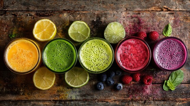 Colorful assortment of fresh fruit juices with citrus garnish on rustic wooden table.