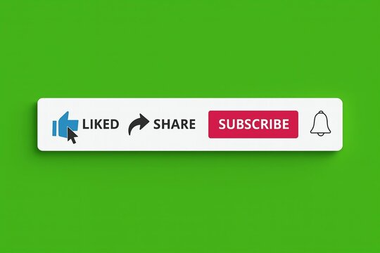 Social media engagement buttons on a green background with like share and subscribe options.