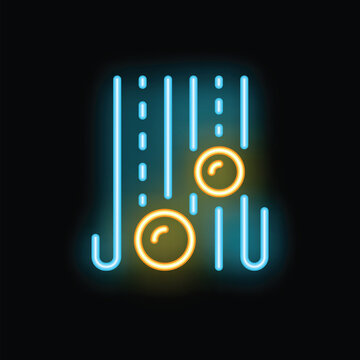 Neon icon of a physics experiment demonstrating the force of gravity pulling two balls downwards