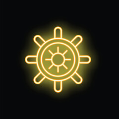Obraz premium Ship steering wheel glowing with yellow neon light on black background representing navigation concept