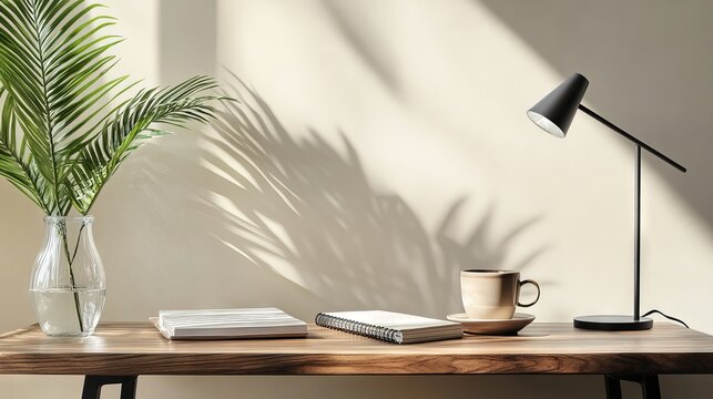Serene minimalist interior with handcrafted walnut writing desk showcasing natural wood grain, sleek adjustable desk lamp in brushed black metal, tall glass vase with single architectural palm frond,
