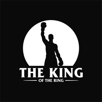 Illustration vector silhouette of victory winner celebration boxer athlete inside a circular shape stamp badge emblem with the king of the ring text suitable for boxing club team academy logo design