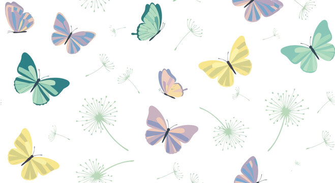 Spring butterfly vector clipart seamless pattern with pastel dandelions for fabric and wallpaper