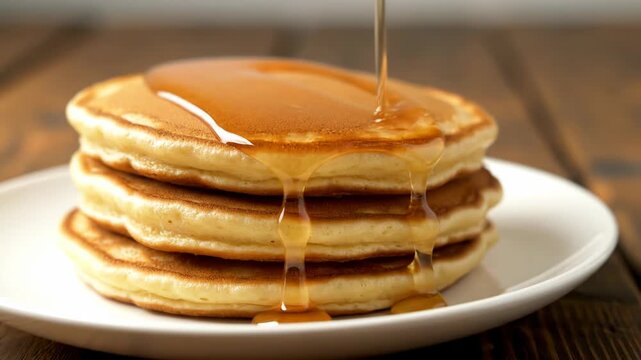 A stack of fluffy pancakes is being drizzled with golden syrup on a white plate.