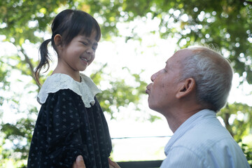 Fototapeta premium Happy grandfather and young granddaughter sharing a joyful moment outdoors in natural light. Represents family love, intergenerational bonding, childhood happiness, care, trust, warm relationships.