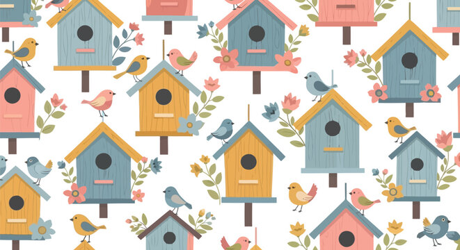 Spring birdhouse seamless pattern vector clipart with cute birds and flowers for kids decor