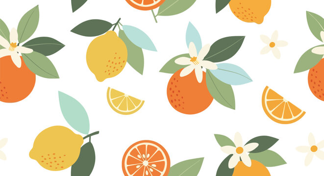 Citrus fruit seamless pattern vector clipart with oranges and lemons, flat style illustration
