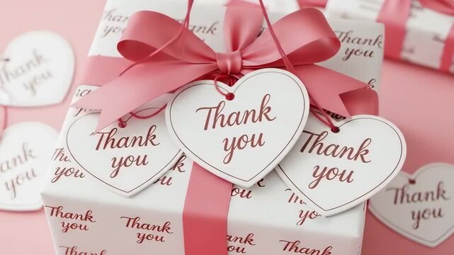 Heartfelt thank you tags with pink ribbons on a textured background