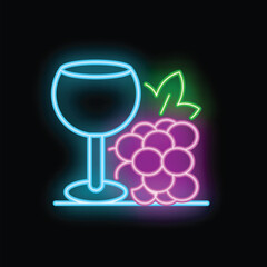 Naklejka premium Neon icon of a wine glass and grapes glowing on a black background, perfect for designs related to wine, bars, and nightlife