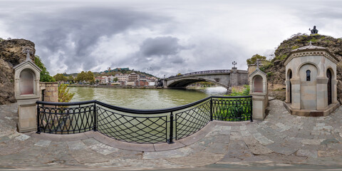 full seamless 360 hdri panorama on metal bridge over shallow mountain river in a small Georgian town with in equirectangular spherical projection. VR  AR content