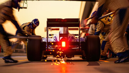Naklejka premium Formula One car rapid pit stop during race by a skilled pit crew team, motorsport competition, speed optimization