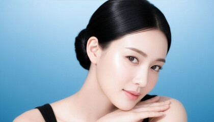 澄んだブルーバックに映える透明感のある素肌と穏やかな表情、スキンケア広告に適したクリーンなビューティーポートレート