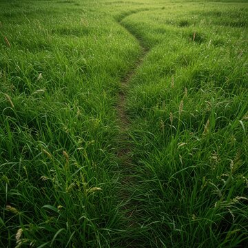 A winding path or track worn through a lush field of green grass and mixed wild plants, showing high usage and density ,close-up ,pattern ,path