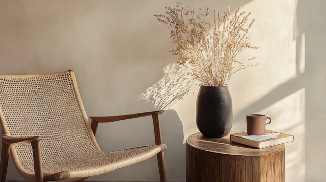 Serene morning living room corner with curved rattan chair showcasing detailed weaving pattern, reclaimed wood side table with organic silhouette, tall black clay vessel containing sculptural dried