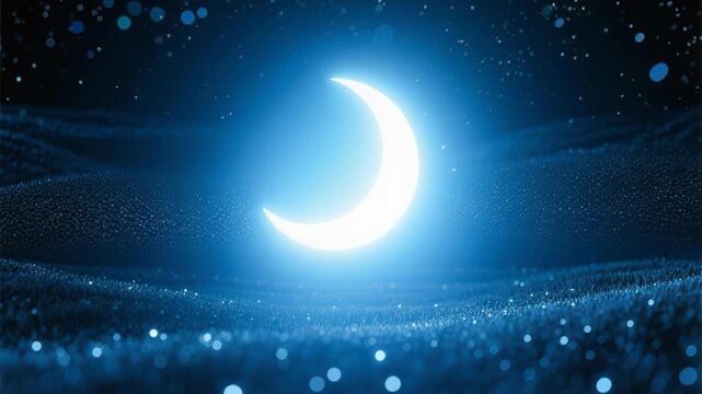 A glowing crescent moon and bright stars illuminate the dark blue night sky in this abstract fantasy space illustration featuring clouds and celestial light