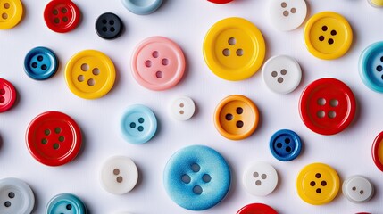 Fototapeta premium Colorful Assortment of Various Buttons Spread on a White Background, Showcasing a Range of Sizes and Shapes Ideal for Fashion, Craft, and Textile Projects