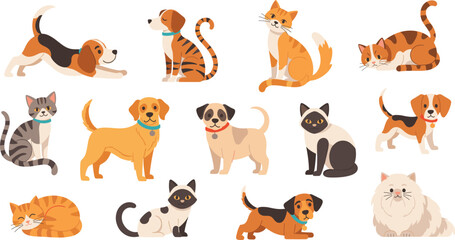Cute Cat and Dog Cartoon Character Illustration Set with Multiple Breeds, Playful and Resting Poses, Friendly Domestic Pets, and Flat Vector Design Style © MdNazmul